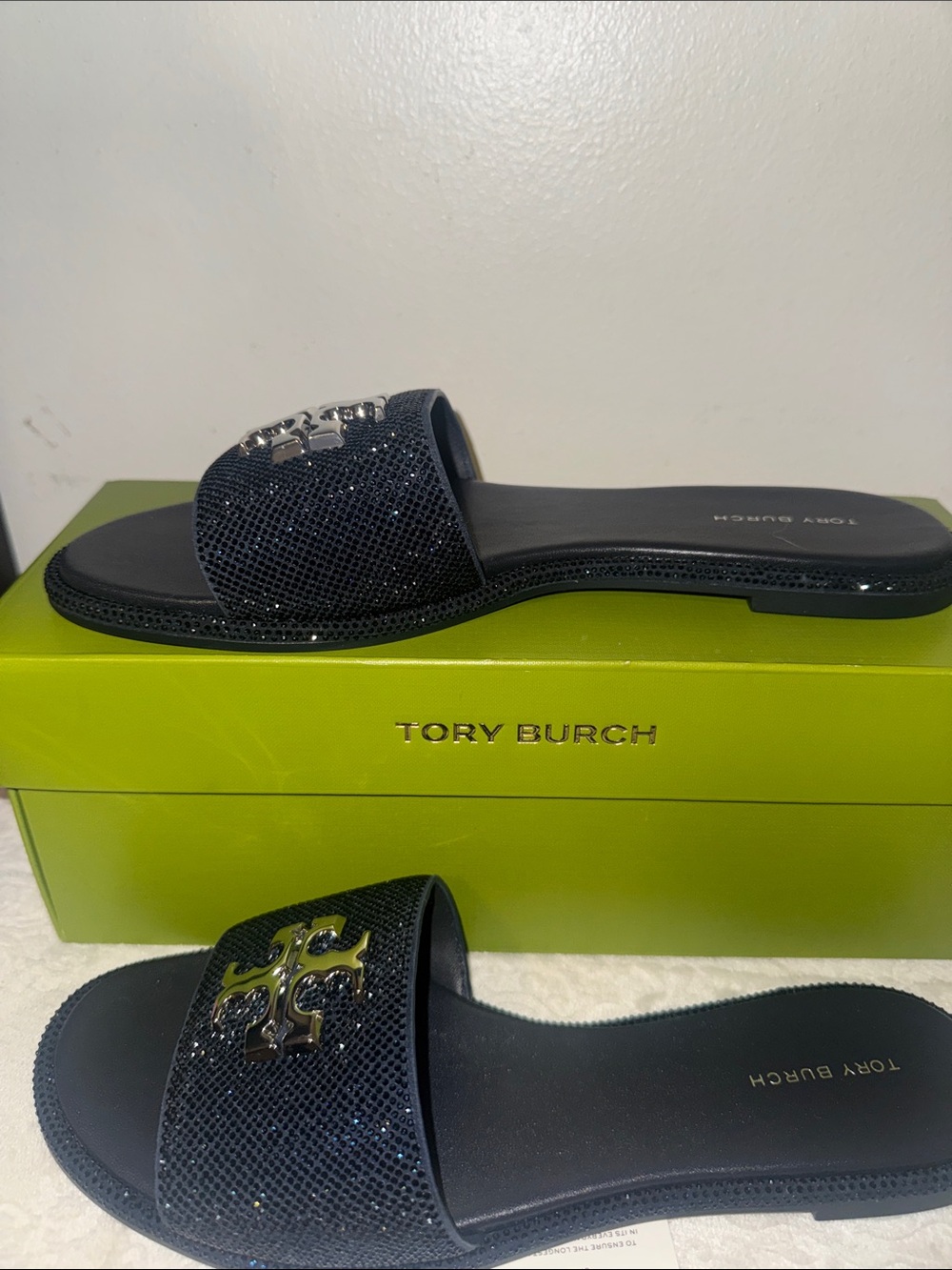 Tory Burch Black Sparkle Logo Slide Sandals